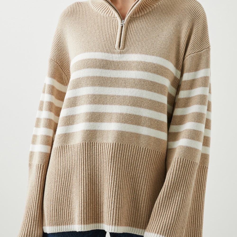 Striped Half-Zip Pullover Sweater in Beige and White